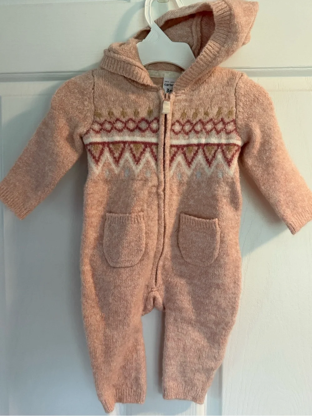 Carter's Pink Hooded Knit One-Piece with Fair Isle Accents